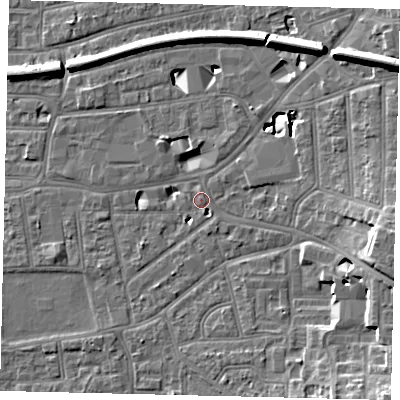 Shaded relief map of the ground around KT13JS, computed from Environment Agency LiDAR. The ground here sits at about 10 m above sea level and falls 13 m across the surrounding 800 m. Surface water reaching this point runs off ground lying to the east-south-east, 8.1 m higher.