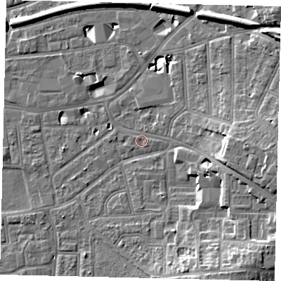 Shaded relief map of the ground around KT13JY, computed from Environment Agency LiDAR. The ground here sits at about 10 m above sea level and falls 14 m across the surrounding 800 m. Surface water reaching this point runs off ground lying to the east-south-east, 7.8 m higher.