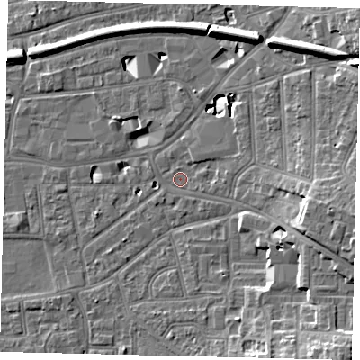 Shaded relief map of the ground around KT13NE, computed from Environment Agency LiDAR. The ground here sits at about 9 m above sea level and falls 14 m across the surrounding 800 m. Surface water reaching this point runs off ground lying to the east-south-east, 8.2 m higher.