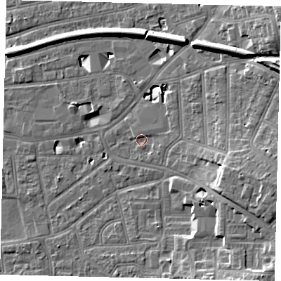 Shaded relief map of the ground around KT13NF, computed from Environment Agency LiDAR. The ground here sits at about 10 m above sea level and falls 15 m across the surrounding 800 m. Surface water reaching this point runs off ground lying to the east-south-east, 8.2 m higher.