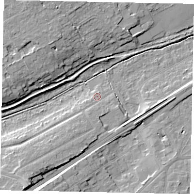 Shaded relief map of the ground around KT146AT, computed from Environment Agency LiDAR. The ground here sits at about 24 m above sea level and falls 13 m across the surrounding 800 m. Surface water reaching this point runs off ground lying to the south-west, 7.3 m higher.