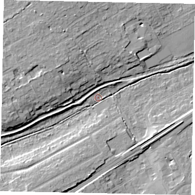 Shaded relief map of the ground around KT146AU, computed from Environment Agency LiDAR. The ground here sits at about 22 m above sea level and falls 12 m across the surrounding 800 m. Surface water reaching this point runs off ground lying to the south-south-west, 10.4 m higher.