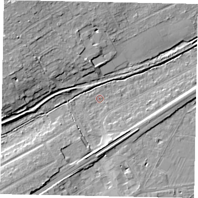 Shaded relief map of the ground around KT146DP, computed from Environment Agency LiDAR. The ground here sits at about 21 m above sea level and falls 12 m across the surrounding 800 m. Surface water reaching this point runs off ground lying to the south-west, 9.2 m higher.