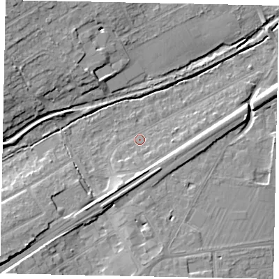 Shaded relief map of the ground around KT146DR, computed from Environment Agency LiDAR. The ground here sits at about 22 m above sea level and falls 12 m across the surrounding 800 m. Surface water reaching this point runs off ground lying to the south, 5.4 m higher.
