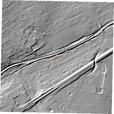 Shaded relief map of the ground around KT146DS, computed from Environment Agency LiDAR. The ground here sits at about 21 m above sea level and falls 11 m across the surrounding 800 m. Surface water reaching this point runs off ground lying to the south-west, 8.1 m higher.