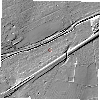 Shaded relief map of the ground around KT146DT, computed from Environment Agency LiDAR. The ground here sits at about 20 m above sea level and falls 9 m across the surrounding 800 m. Surface water reaching this point runs off ground lying to the south, 3.2 m higher.
