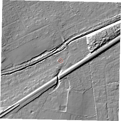 Shaded relief map of the ground around KT146DU, computed from Environment Agency LiDAR. The ground here sits at about 20 m above sea level and falls 9 m across the surrounding 800 m. Surface water reaching this point runs off ground lying to the east-north-east, 6.9 m higher.