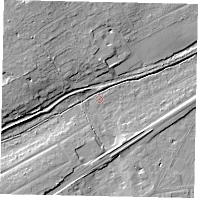 Shaded relief map of the ground around KT146DW, computed from Environment Agency LiDAR. The ground here sits at about 21 m above sea level and falls 12 m across the surrounding 800 m. Surface water reaching this point runs off ground lying to the south-west, 10.0 m higher.