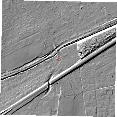 Shaded relief map of the ground around KT146ED, computed from Environment Agency LiDAR. The ground here sits at about 20 m above sea level and falls 9 m across the surrounding 800 m. Surface water reaching this point runs off ground lying to the east, 7.4 m higher.