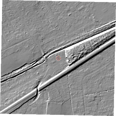 Shaded relief map of the ground around KT146EW, computed from Environment Agency LiDAR. The ground here sits at about 21 m above sea level and falls 9 m across the surrounding 800 m. Surface water reaching this point runs off ground lying to the north-east, 0.9 m higher.