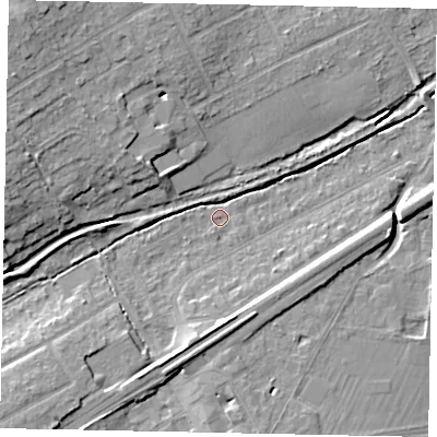 Shaded relief map of the ground around KT146FB, computed from Environment Agency LiDAR. The ground here sits at about 21 m above sea level and falls 12 m across the surrounding 800 m. Surface water reaching this point runs off ground lying to the south-west, 9.2 m higher.