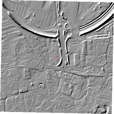 Shaded relief map of the ground around KT146HE, computed from Environment Agency LiDAR. The ground here sits at about 15 m above sea level and falls 9 m across the surrounding 800 m. Surface water reaching this point runs off ground lying to the north-east, 6.4 m higher.