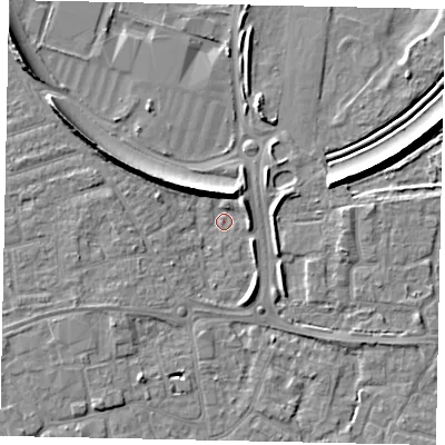 Shaded relief map of the ground around KT146HJ, computed from Environment Agency LiDAR. The ground here sits at about 15 m above sea level and falls 9 m across the surrounding 800 m. Surface water reaching this point runs off ground lying to the south-south-east, 4.4 m higher.