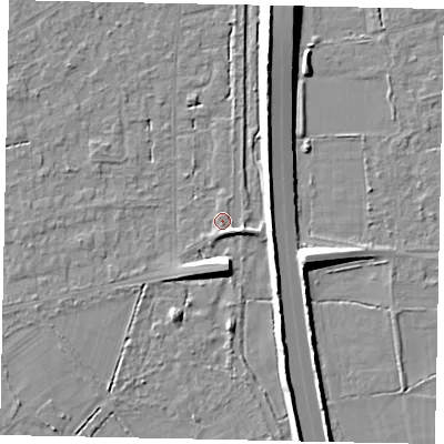 Shaded relief map of the ground around KT146LE, computed from Environment Agency LiDAR. The ground here sits at about 18 m above sea level and falls 10 m across the surrounding 800 m. Surface water reaching this point runs off ground lying to the south-east, 3.3 m higher.