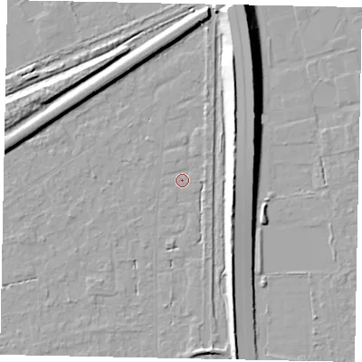 Shaded relief map of the ground around KT146PS, computed from Environment Agency LiDAR. The ground here sits at about 17 m above sea level and falls 13 m across the surrounding 800 m. Surface water reaching this point runs off ground lying to the south-west, 2.7 m higher.