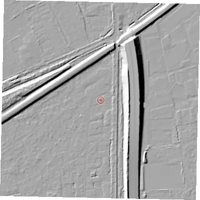 Shaded relief map of the ground around KT146PT, computed from Environment Agency LiDAR. The ground here sits at about 17 m above sea level and falls 15 m across the surrounding 800 m. Surface water reaching this point runs off ground lying to the west-south-west, 1.2 m higher.