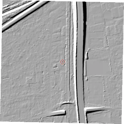 Shaded relief map of the ground around KT146QL, computed from Environment Agency LiDAR. The ground here sits at about 17 m above sea level and falls 13 m across the surrounding 800 m. Surface water reaching this point runs off ground lying to the south, 6.5 m higher.