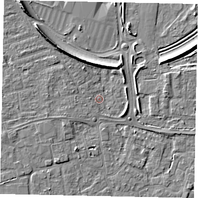 Shaded relief map of the ground around KT146SN, computed from Environment Agency LiDAR. The ground here sits at about 15 m above sea level and falls 8 m across the surrounding 800 m. Surface water reaching this point runs off ground lying to the east-north-east, 6.4 m higher.