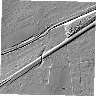 Shaded relief map of the ground around KT146SQ, computed from Environment Agency LiDAR. The ground here sits at about 20 m above sea level and falls 9 m across the surrounding 800 m. Surface water reaching this point runs off ground lying to the south-west, 6.7 m higher.