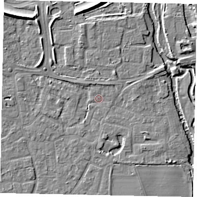 Shaded relief map of the ground around KT147BP, computed from Environment Agency LiDAR. The ground here sits at about 16 m above sea level and falls 9 m across the surrounding 800 m. Surface water reaching this point runs off ground lying to the south-east, 2.5 m higher.