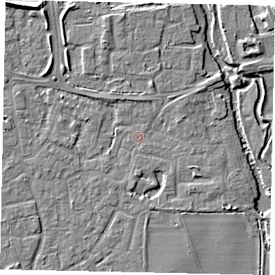 Shaded relief map of the ground around KT147BS, computed from Environment Agency LiDAR. The ground here sits at about 16 m above sea level and falls 9 m across the surrounding 800 m. Surface water reaching this point runs off ground lying to the south-east, 2.5 m higher.