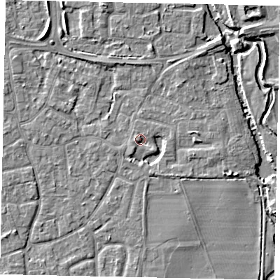 Shaded relief map of the ground around KT147BT, computed from Environment Agency LiDAR. The ground here sits at about 16 m above sea level and falls 6 m across the surrounding 800 m. Surface water reaching this point runs off ground lying to the south-south-east, 2.3 m higher.
