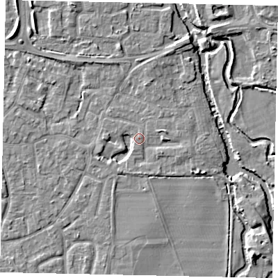 Shaded relief map of the ground around KT147BU, computed from Environment Agency LiDAR. The ground here sits at about 16 m above sea level and falls 7 m across the surrounding 800 m. Surface water reaching this point runs off ground lying to the east, 1.5 m higher.