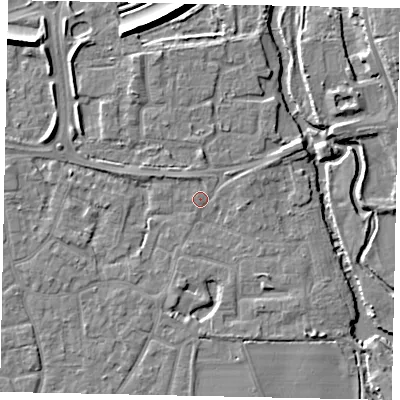 Shaded relief map of the ground around KT147BW, computed from Environment Agency LiDAR. The ground here sits at about 16 m above sea level and falls 9 m across the surrounding 800 m. Surface water reaching this point runs off ground lying to the north, 1.1 m higher.