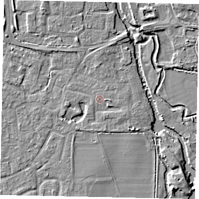 Shaded relief map of the ground around KT147BX, computed from Environment Agency LiDAR. The ground here sits at about 16 m above sea level and falls 7 m across the surrounding 800 m. Surface water reaching this point runs off ground lying to the south-east, 1.5 m higher.