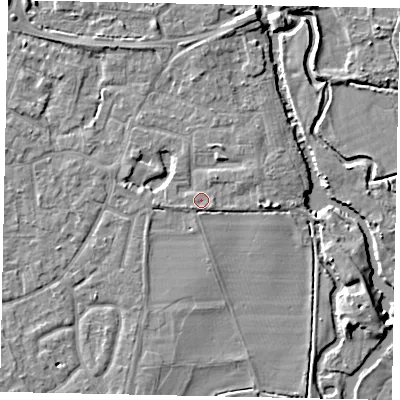Shaded relief map of the ground around KT147BY, computed from Environment Agency LiDAR. The ground here sits at about 16 m above sea level and falls 7 m across the surrounding 800 m. Surface water reaching this point runs off ground lying to the south-south-west, 1.5 m higher.