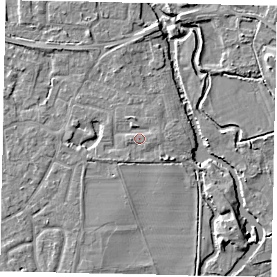 Shaded relief map of the ground around KT147BZ, computed from Environment Agency LiDAR. The ground here sits at about 17 m above sea level and falls 7 m across the surrounding 800 m. Surface water reaching this point runs off ground lying to the east, 1.1 m higher.