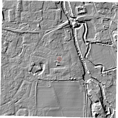 Shaded relief map of the ground around KT147DA, computed from Environment Agency LiDAR. The ground here sits at about 16 m above sea level and falls 8 m across the surrounding 800 m. Surface water reaching this point runs off ground lying to the south-south-west, 1.1 m higher.