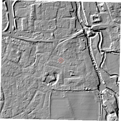Shaded relief map of the ground around KT147DB, computed from Environment Agency LiDAR. The ground here sits at about 16 m above sea level and falls 8 m across the surrounding 800 m. Surface water reaching this point runs off ground lying to the south-east, 2.5 m higher.
