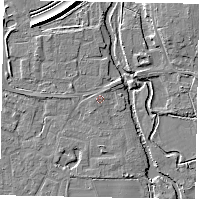 Shaded relief map of the ground around KT147DD, computed from Environment Agency LiDAR. The ground here sits at about 16 m above sea level and falls 9 m across the surrounding 800 m. Surface water reaching this point runs off ground lying to the west-south-west, 0.9 m higher.