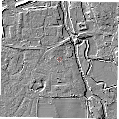 Shaded relief map of the ground around KT147DE, computed from Environment Agency LiDAR. The ground here sits at about 16 m above sea level and falls 8 m across the surrounding 800 m. Surface water reaching this point runs off ground lying to the west, 1.5 m higher.