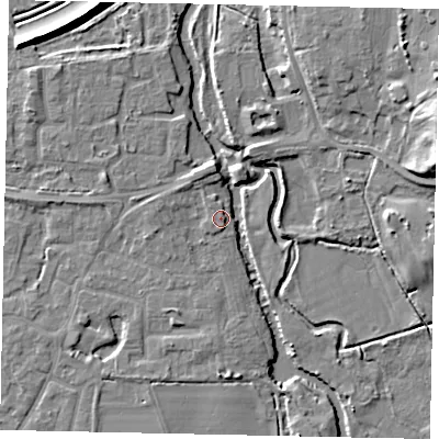 Shaded relief map of the ground around KT147DF, computed from Environment Agency LiDAR. The ground here sits at about 16 m above sea level and falls 13 m across the surrounding 800 m. Surface water reaching this point runs off ground lying to the south-south-west, 2.3 m higher.