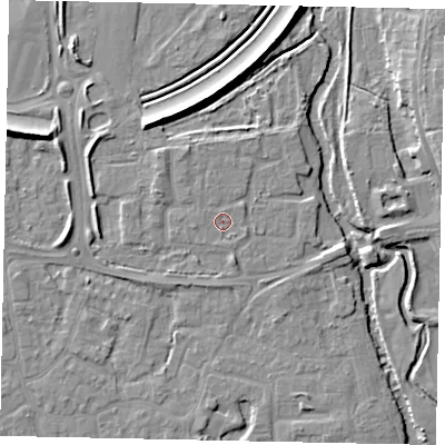 Shaded relief map of the ground around KT147DG, computed from Environment Agency LiDAR. The ground here sits at about 16 m above sea level and falls 9 m across the surrounding 800 m. Surface water reaching this point runs off ground lying to the west, 0.9 m higher.