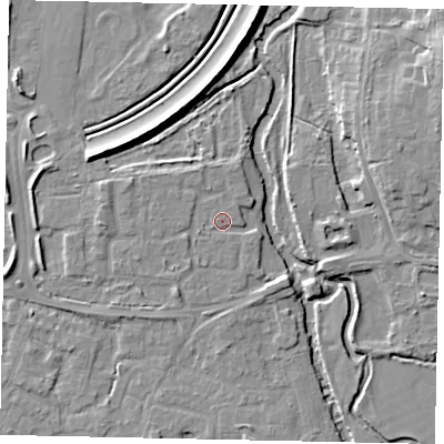 Shaded relief map of the ground around KT147DH, computed from Environment Agency LiDAR. The ground here sits at about 16 m above sea level and falls 10 m across the surrounding 800 m. Surface water reaching this point runs off ground lying to the west-south-west, 1.4 m higher.