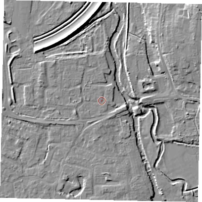 Shaded relief map of the ground around KT147DJ, computed from Environment Agency LiDAR. The ground here sits at about 16 m above sea level and falls 11 m across the surrounding 800 m. Surface water reaching this point runs off ground lying to the west-south-west, 1.8 m higher.