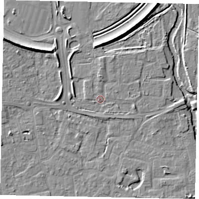 Shaded relief map of the ground around KT147DL, computed from Environment Agency LiDAR. The ground here sits at about 16 m above sea level and falls 9 m across the surrounding 800 m. Surface water reaching this point runs off ground lying to the north, 2.1 m higher.