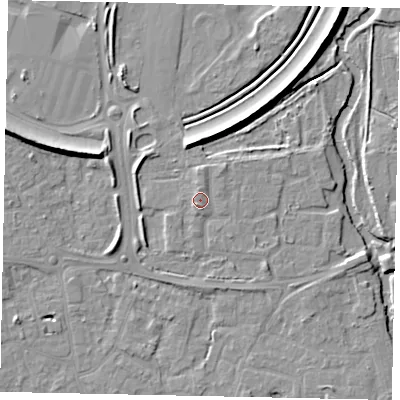 Shaded relief map of the ground around KT147DN, computed from Environment Agency LiDAR. The ground here sits at about 17 m above sea level and falls 9 m across the surrounding 800 m. Surface water reaching this point runs off ground lying to the south-south-west, 1.5 m higher.