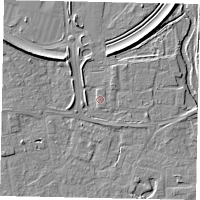 Shaded relief map of the ground around KT147DP, computed from Environment Agency LiDAR. The ground here sits at about 16 m above sea level and falls 10 m across the surrounding 800 m. Surface water reaching this point runs off ground lying to the west-south-west, 4.4 m higher.
