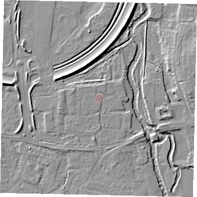 Shaded relief map of the ground around KT147DQ, computed from Environment Agency LiDAR. The ground here sits at about 16 m above sea level and falls 9 m across the surrounding 800 m. Surface water reaching this point runs off ground lying to the south-west, 1.1 m higher.