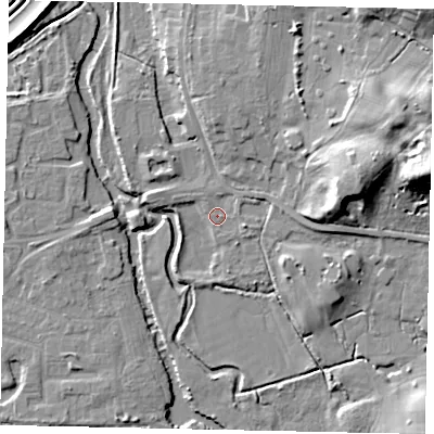 Shaded relief map of the ground around KT147DR, computed from Environment Agency LiDAR. The ground here sits at about 15 m above sea level and falls 23 m across the surrounding 800 m. Surface water reaching this point runs off ground lying to the east-south-east, 3.4 m higher.
