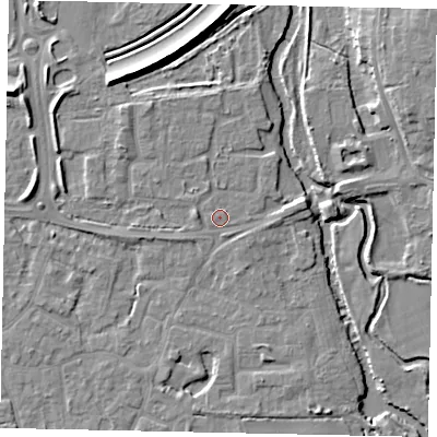 Shaded relief map of the ground around KT147DS, computed from Environment Agency LiDAR. The ground here sits at about 16 m above sea level and falls 9 m across the surrounding 800 m. Surface water reaching this point runs off ground lying to the west, 1.5 m higher.