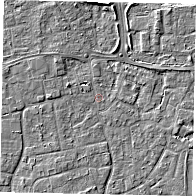 Shaded relief map of the ground around KT147DU, computed from Environment Agency LiDAR. The ground here sits at about 16 m above sea level and falls 7 m across the surrounding 800 m. Surface water reaching this point runs off ground lying to the west-north-west, 2.4 m higher.