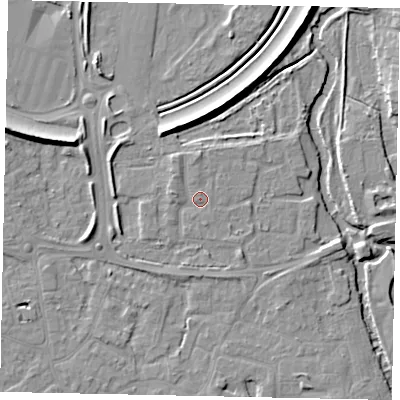 Shaded relief map of the ground around KT147DW, computed from Environment Agency LiDAR. The ground here sits at about 16 m above sea level and falls 9 m across the surrounding 800 m. Surface water reaching this point runs off ground lying to the west-north-west, 1.6 m higher.