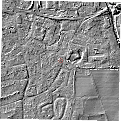 Shaded relief map of the ground around KT147ED, computed from Environment Agency LiDAR. The ground here sits at about 16 m above sea level and falls 6 m across the surrounding 800 m. Surface water reaching this point runs off ground lying to the north-north-east, 0.9 m higher.
