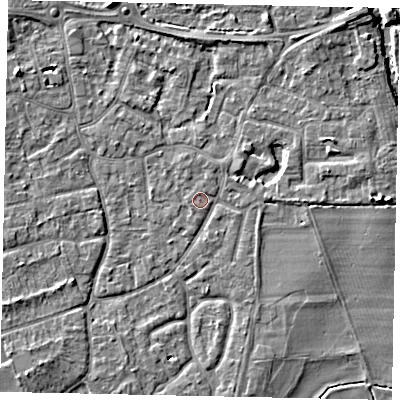 Shaded relief map of the ground around KT147EE, computed from Environment Agency LiDAR. The ground here sits at about 16 m above sea level and falls 6 m across the surrounding 800 m. Surface water reaching this point runs off ground lying to the south-south-west, 0.7 m higher.