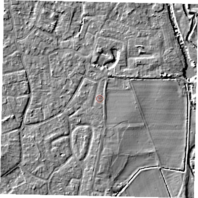 Shaded relief map of the ground around KT147EF, computed from Environment Agency LiDAR. The ground here sits at about 16 m above sea level and falls 6 m across the surrounding 800 m. Surface water reaching this point runs off ground lying to the south, 0.7 m higher.